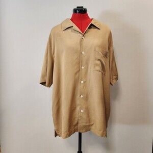 Brandini 100% Silk Mens Short Sleeve Button-Up Shirt Tan Lightweight L Collared